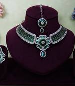 Green rhodium premium designer american diamond and stone work necklace set