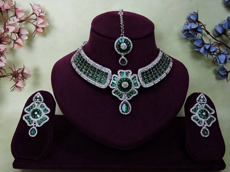 Green rhodium premium designer american diamond and stone work necklace set