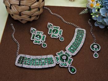Green rhodium premium designer american diamond and stone work necklace set 2