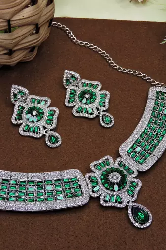 Green rhodium premium designer american diamond and stone work necklace set