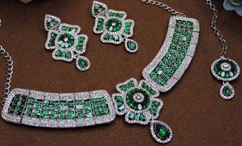 Green rhodium premium designer american diamond and stone work necklace set 3