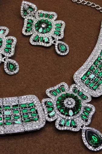 Green rhodium premium designer american diamond and stone work necklace set