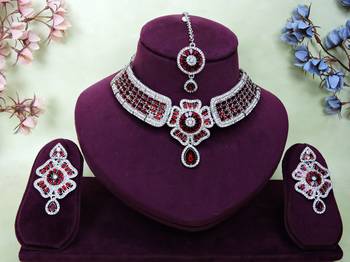 Maroon rhodium premium designer american diamond and stone work necklace set 1