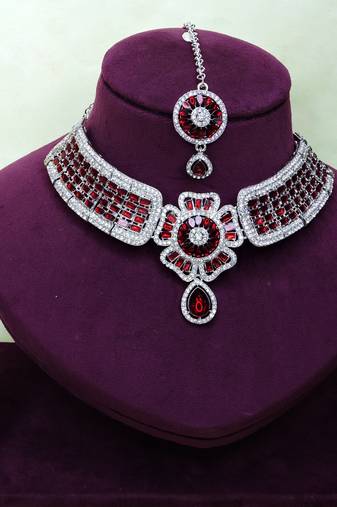 Maroon rhodium premium designer american diamond and stone work necklace set