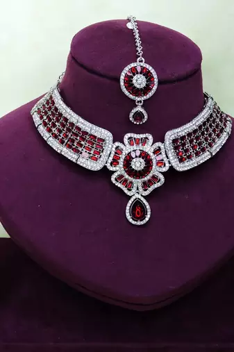 Maroon rhodium premium designer american diamond and stone work necklace set