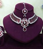 Maroon rhodium premium designer american diamond and stone work necklace set