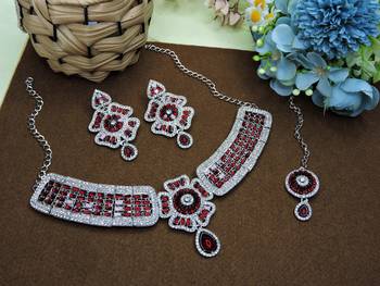 Maroon rhodium premium designer american diamond and stone work necklace set 2
