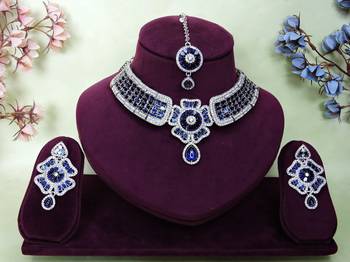 Blue rhodium premium designer american diamond and stone work necklace set 1