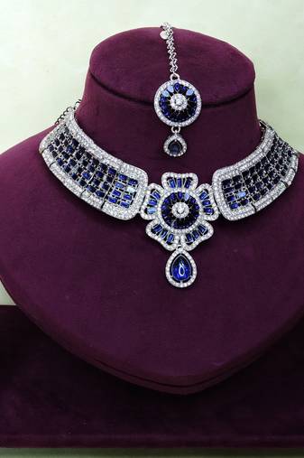 Blue rhodium premium designer american diamond and stone work necklace set