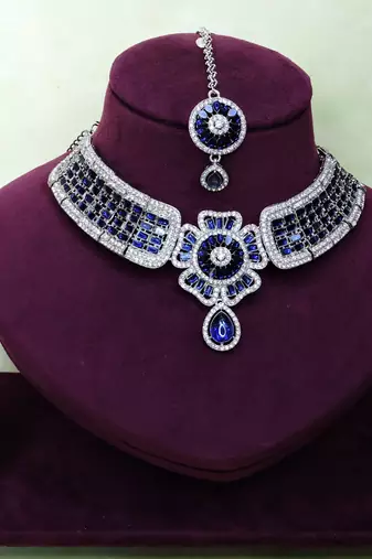 Blue rhodium premium designer american diamond and stone work necklace set