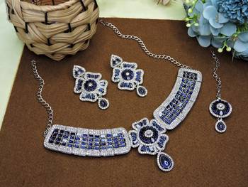 Blue rhodium premium designer american diamond and stone work necklace set 2