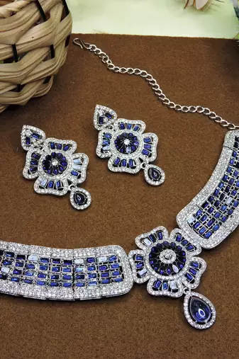 Blue rhodium premium designer american diamond and stone work necklace set