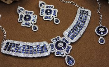 Blue rhodium premium designer american diamond and stone work necklace set 3