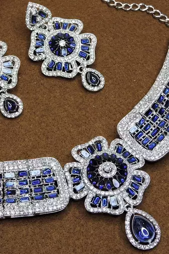 Blue rhodium premium designer american diamond and stone work necklace set