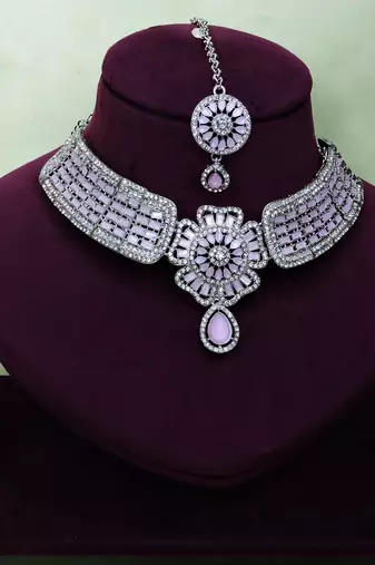 Pink rhodium premium designer american diamond and stone work necklace set