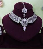 Pink rhodium premium designer american diamond and stone work necklace set