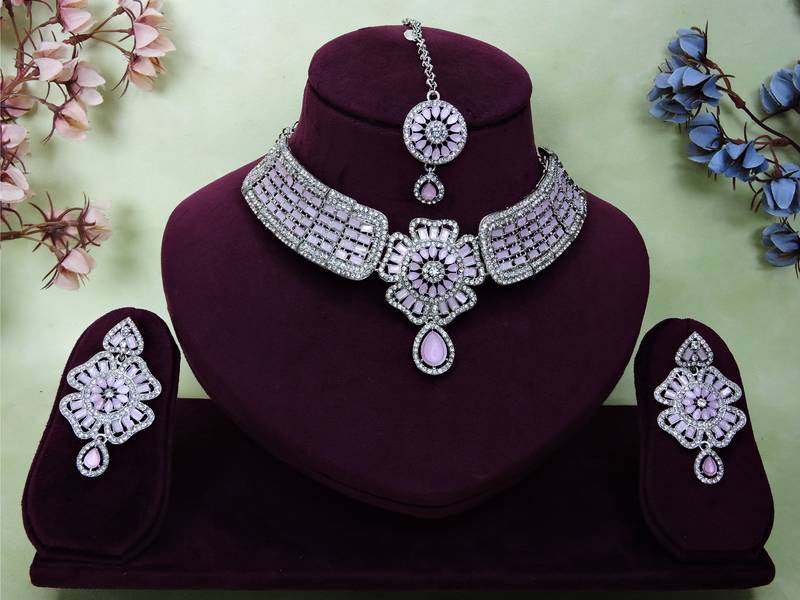 Pink rhodium premium designer american diamond and stone work necklace set