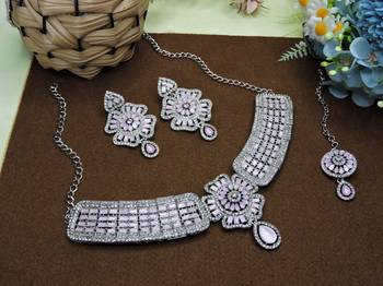 Pink rhodium premium designer american diamond and stone work necklace set 2