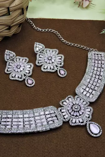 Pink rhodium premium designer american diamond and stone work necklace set