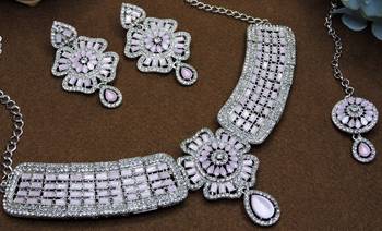 Pink rhodium premium designer american diamond and stone work necklace set 3