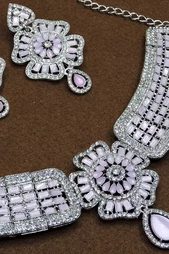 Pink rhodium premium designer american diamond and stone work necklace set