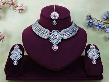 Green rhodium premium designer american diamond and stone work necklace set 1