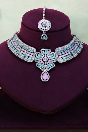 Green rhodium premium designer american diamond and stone work necklace set