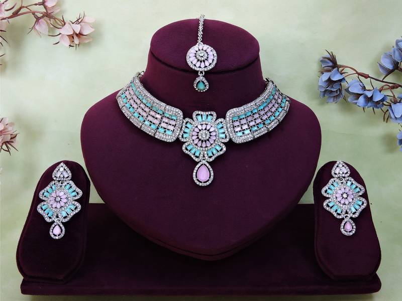 Green rhodium premium designer american diamond and stone work necklace set