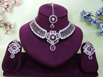 Purple rhodium premium designer american diamond and stone work necklace set 1