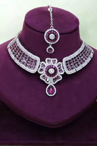 Purple rhodium premium designer american diamond and stone work necklace set