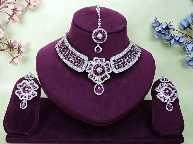 Purple rhodium premium designer american diamond and stone work necklace set