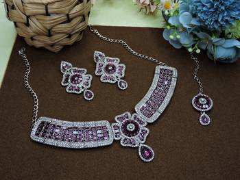 Purple rhodium premium designer american diamond and stone work necklace set 2