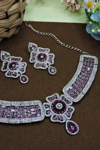 Purple rhodium premium designer american diamond and stone work necklace set