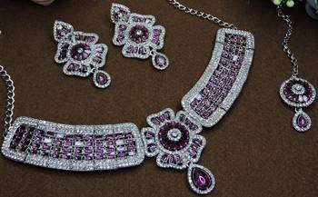 Purple rhodium premium designer american diamond and stone work necklace set 3