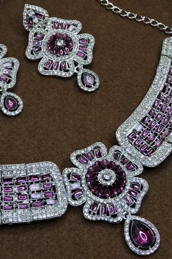 Purple rhodium premium designer american diamond and stone work necklace set