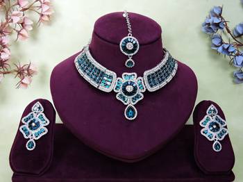 Blue rhodium premium designer american diamond and stone work necklace set 1