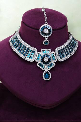 Blue rhodium premium designer american diamond and stone work necklace set
