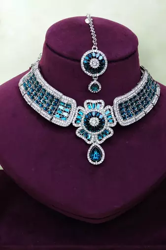 Blue rhodium premium designer american diamond and stone work necklace set