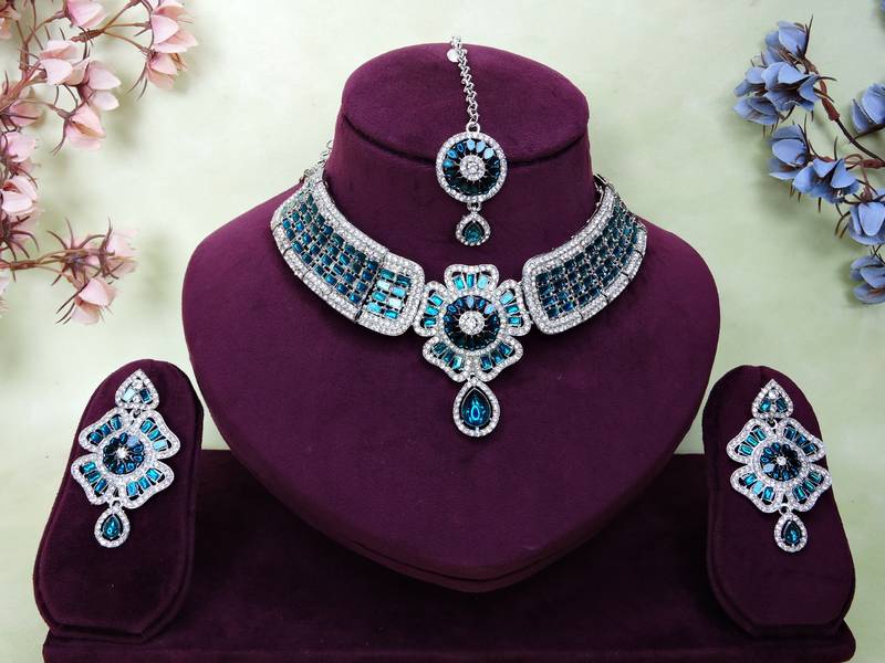 Blue rhodium premium designer american diamond and stone work necklace set