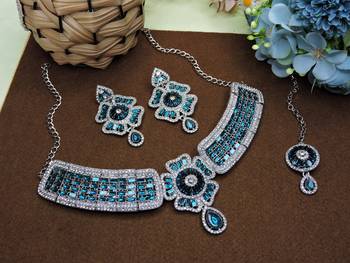 Blue rhodium premium designer american diamond and stone work necklace set 2