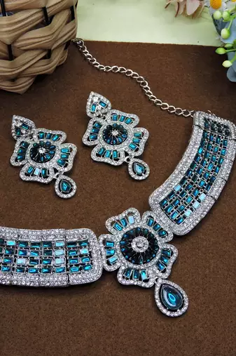 Blue rhodium premium designer american diamond and stone work necklace set