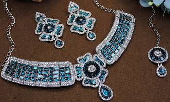 Blue rhodium premium designer american diamond and stone work necklace set 3