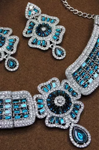 Blue rhodium premium designer american diamond and stone work necklace set