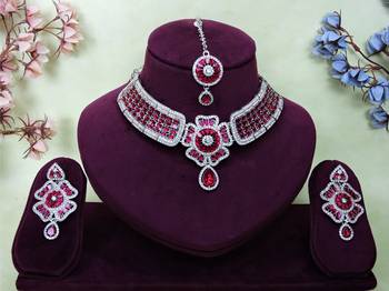 Pink rhodium premium designer american diamond and stone work necklace set 1
