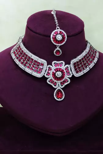 Pink rhodium premium designer american diamond and stone work necklace set