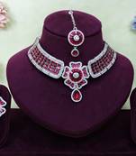 Pink rhodium premium designer american diamond and stone work necklace set