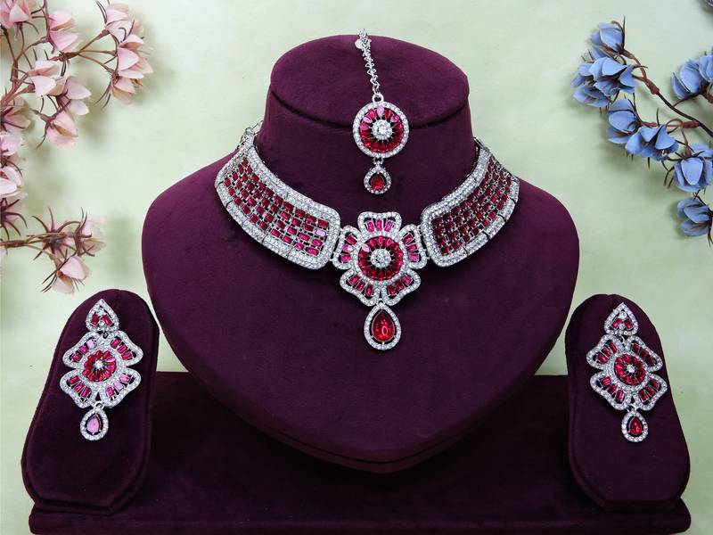 Pink rhodium premium designer american diamond and stone work necklace set