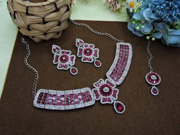 Pink rhodium premium designer american diamond and stone work necklace set 2