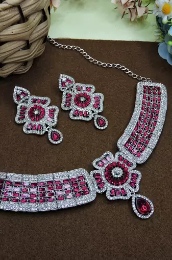 Pink rhodium premium designer american diamond and stone work necklace set