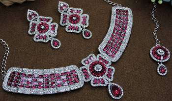 Pink rhodium premium designer american diamond and stone work necklace set 3